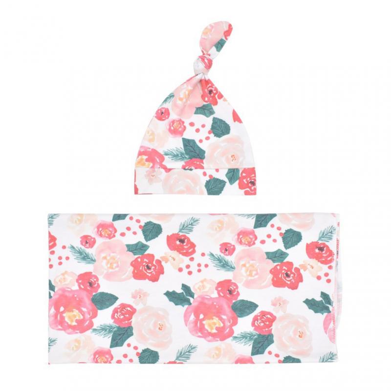 Baby Wraps Cotton Wraps Hat Set Cartoon Flower Printed Cotton Wraps Knotted Tire Cap Two-piece Set Receiving Blankets: 07
