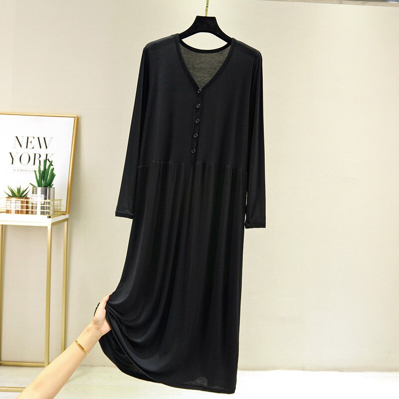 Large early autumn long sleeve button modal cotton loose home dress: black