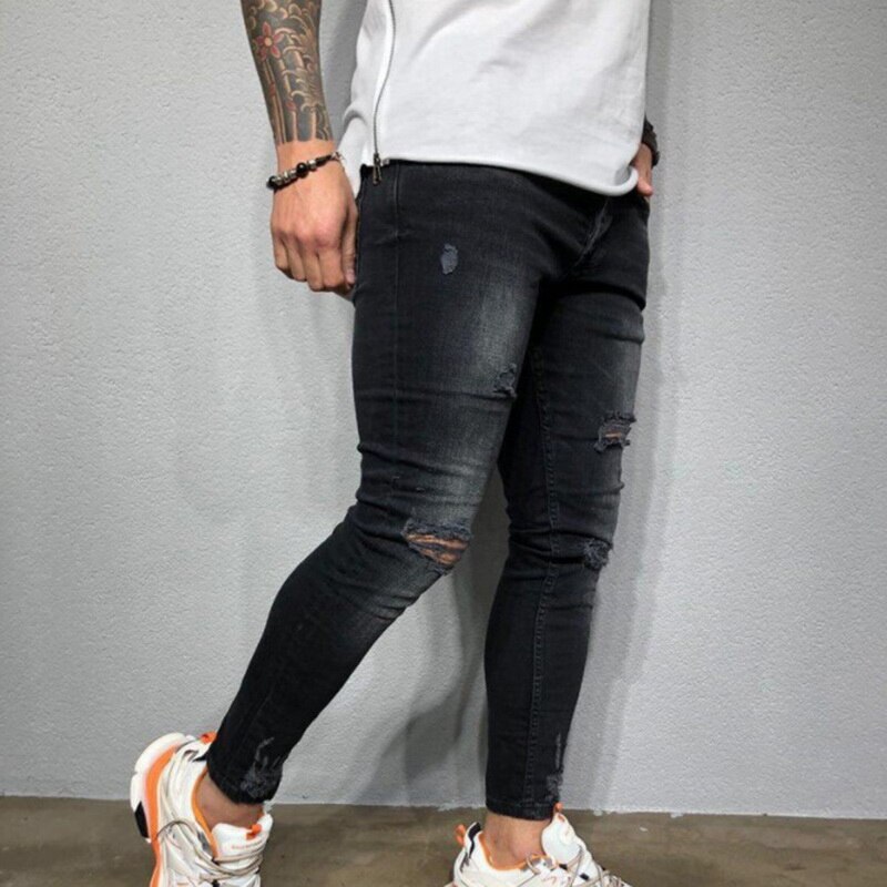Men Stretchy Ripped Skinny Biker Print Jeans Destroyed Hole Taped Slim Fit Black Denim Scratched Autumn Jean