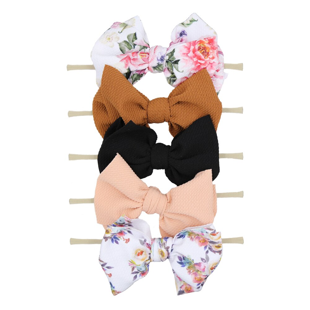 5Pcs/Lot Flower Print Elastic Nylon Band 5.9'' Big Bow Knot Headband Newborn Non-Marking Hair Accessories: mix5