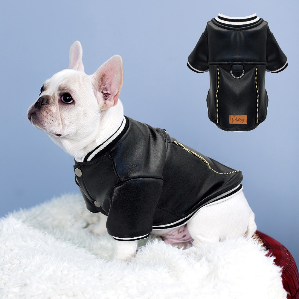 Chaqueta de cuero negro para perro, ropa de Bulldog Francés, mascota perro abrigo de invierno, ropa impermeable, traje para perros pequeños y medianos Carlino