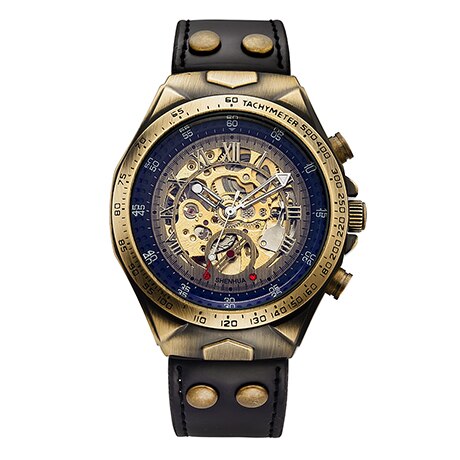 Automatische Mechanische Horloges Mannen Lederen Band Retro Skeleton Steampunk Polshorloge Zelf Wind Top Relogio Masculino: black