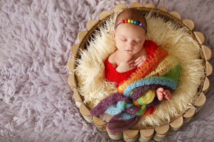 Pasgeboren fotografie accessoires Pasgeboren Baby Stretch Gebreide Wrap, Fotografie Photo Props Regenboog Kwastje Deken