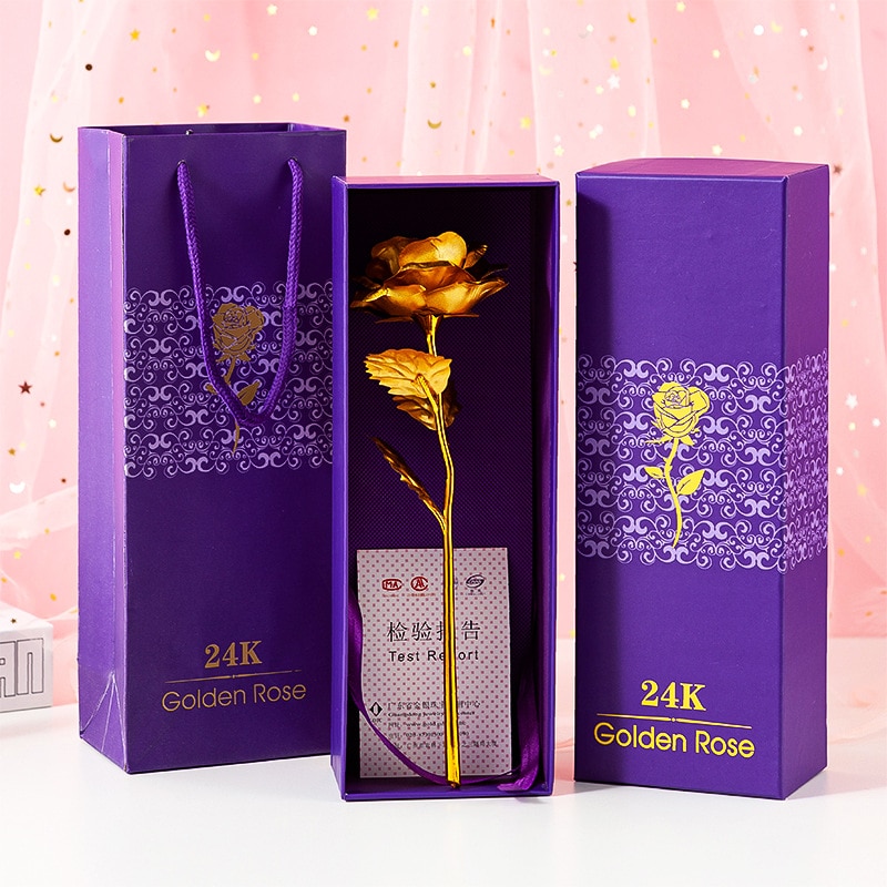 24K Gold Foil Rose Flower Emulated Flower Valentine's Day Single Gold-plated Rose Bouquet Box Home Decro