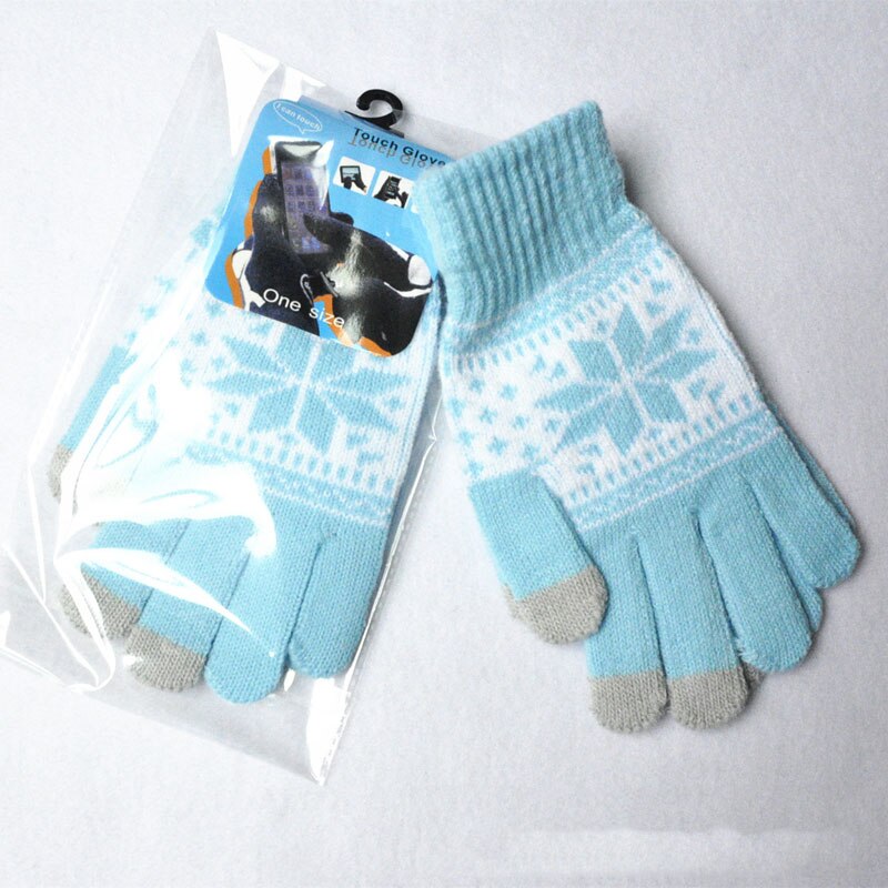 Vinter varm berøringsskærm handsker mænd kvinder uld strikkede handsker slik farve snefnug vanter til mobiltelefon tablet pad: Lyseblå