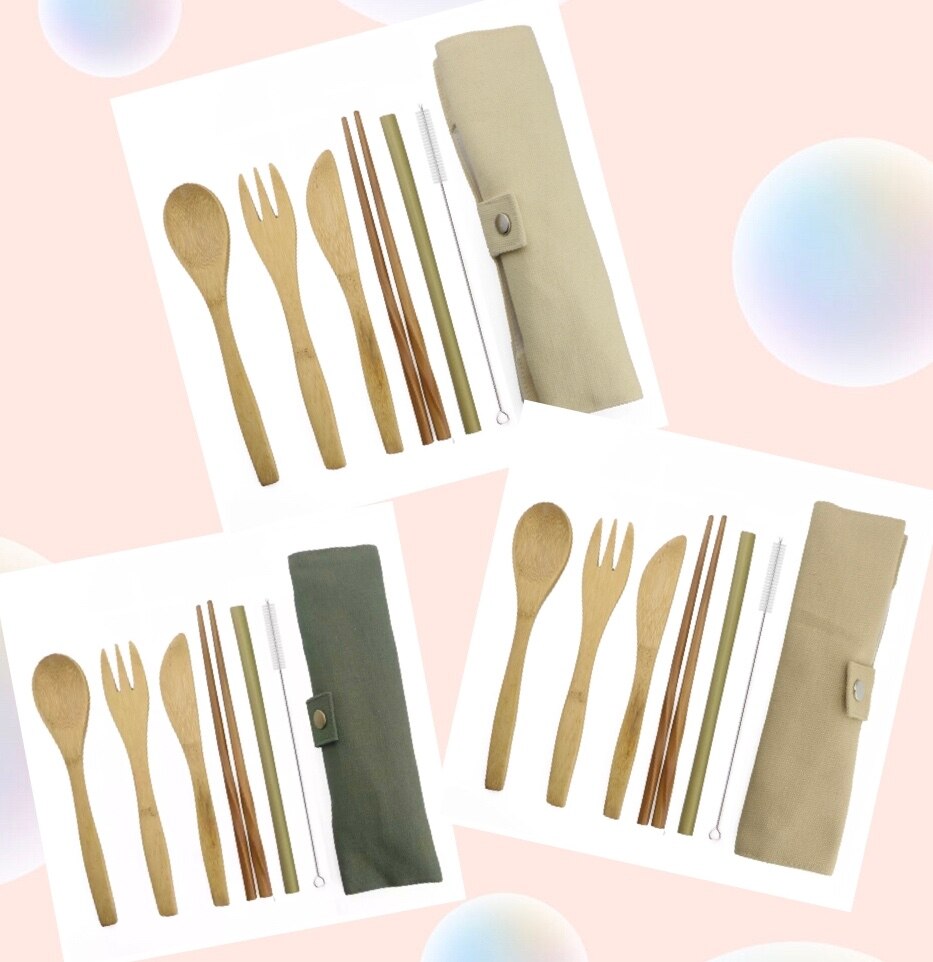 7pcs/set Straw Kitchen Utensil Eco-friendly Travel Reusable Portable Bamboo Cutlery Set Spoon Fork Chopstick: mix color