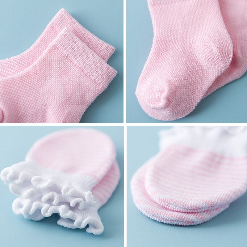 4 pares meias recém-nascidos conjunto de luvas de algodão macio bebê menina menino meias anti-risco rosto do bebê mittens meias