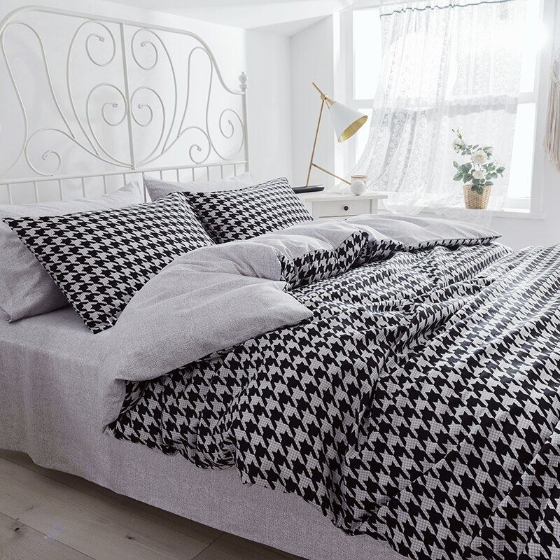 Liv-Esthete Classic Houndstooth Bedding Set Modern Duvet Cover Flat Sheet Pillowcase Double Queen King Bed Linen For Adult