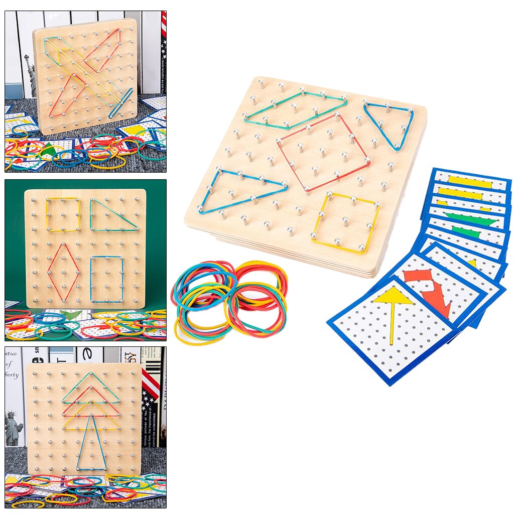 Geoboard with 20 Pieces Pattern Wooden Cards And Rubber Strips Shape
