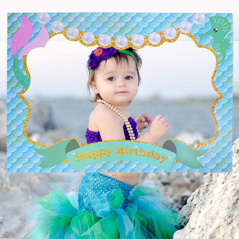 1Pcs Theme Mermaid Happy Birthday Photo Frame Photo Prop Theme Photo Booth Props Frame Baby Shower Kids Birthday Party Supplies