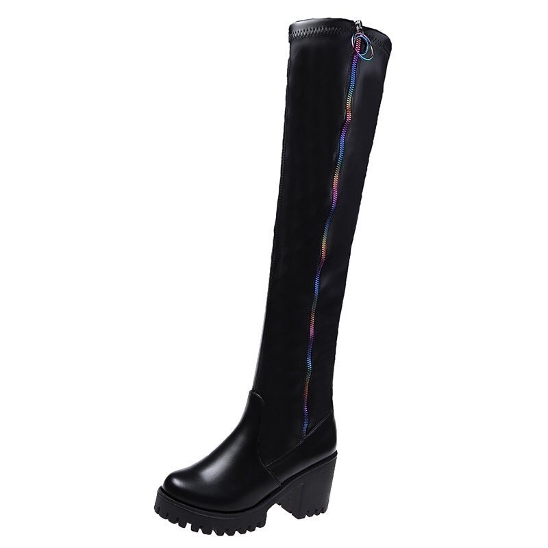 Boots Women Patent Leather Women Zip Over The Knee High Heels Boots Women Winter Party Shoes Woman Square Heel