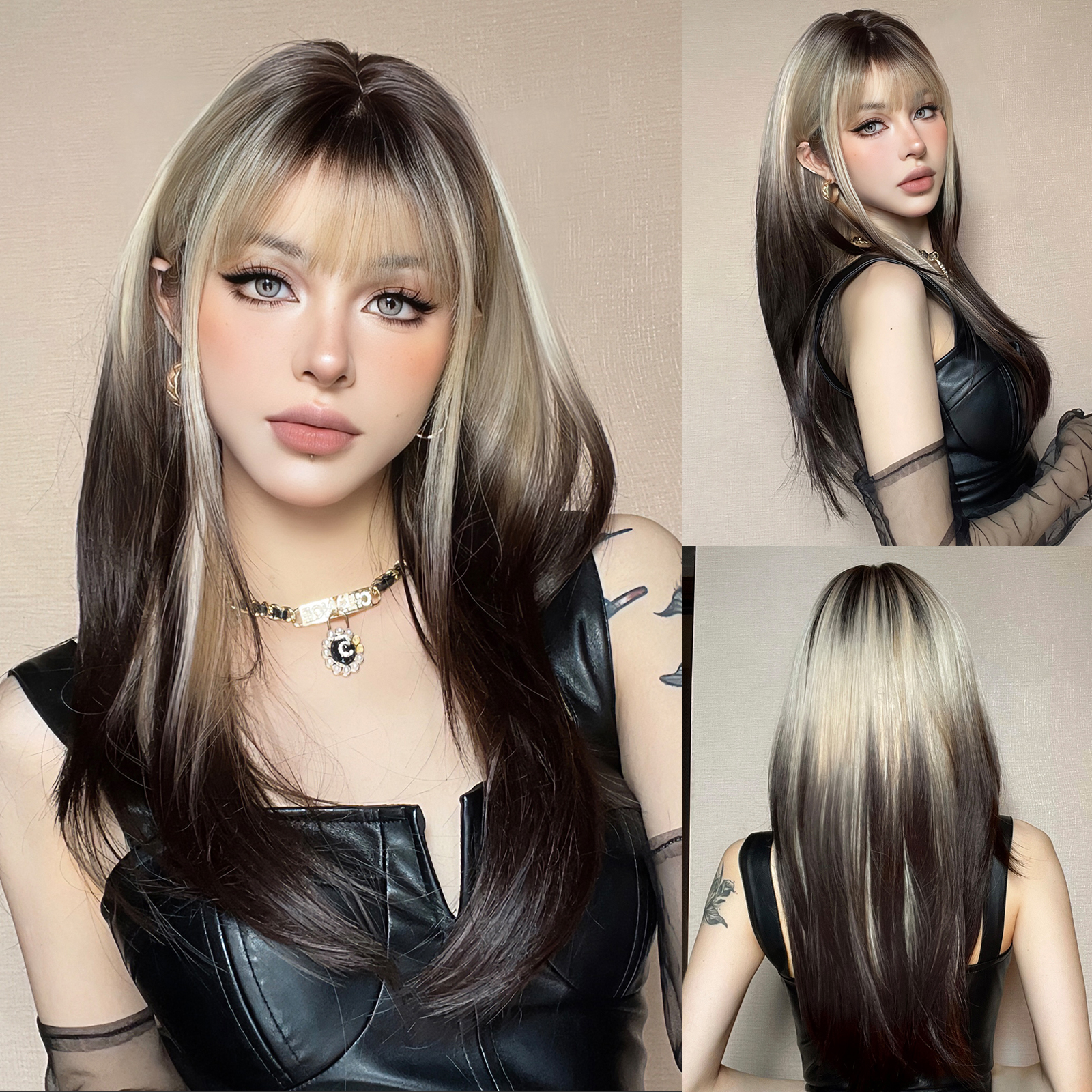 Gerade geschichtete synthetische Perücken Lila Schwarz Ombre Perücke mit Pony Mittellange farbige Cosplay-Perücke für Frauen Hitzebeständige Perücke: Lila