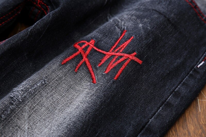 Mænd afslappet broderi rippet motorcykel slim fit bukser til mænd straight denim jeans mænd