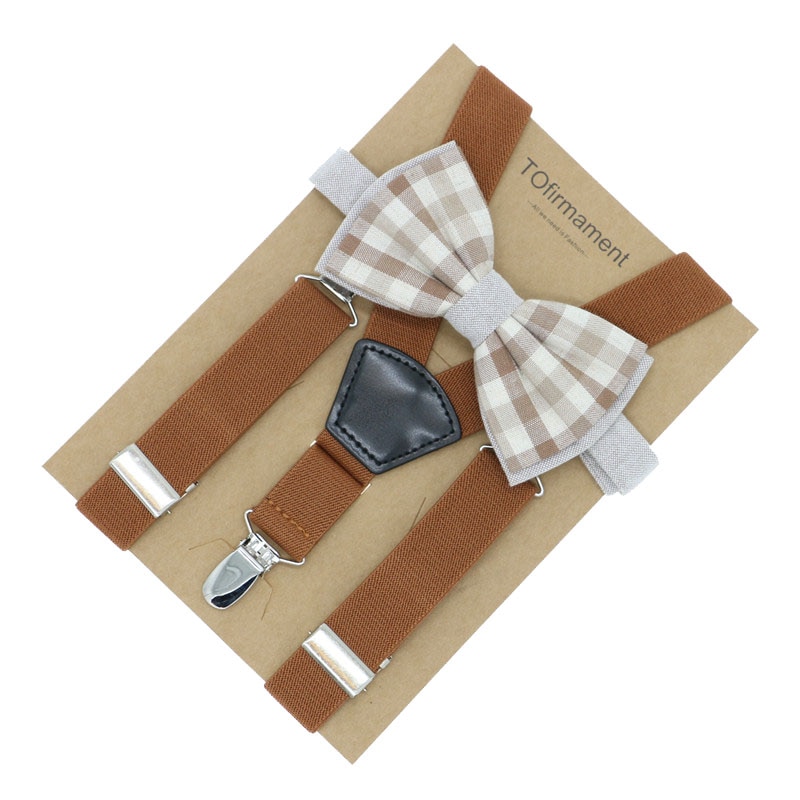 Fan shape leather solid kids event party suspender bow tie set adjustable 2.5cm width kraft paper packed baby