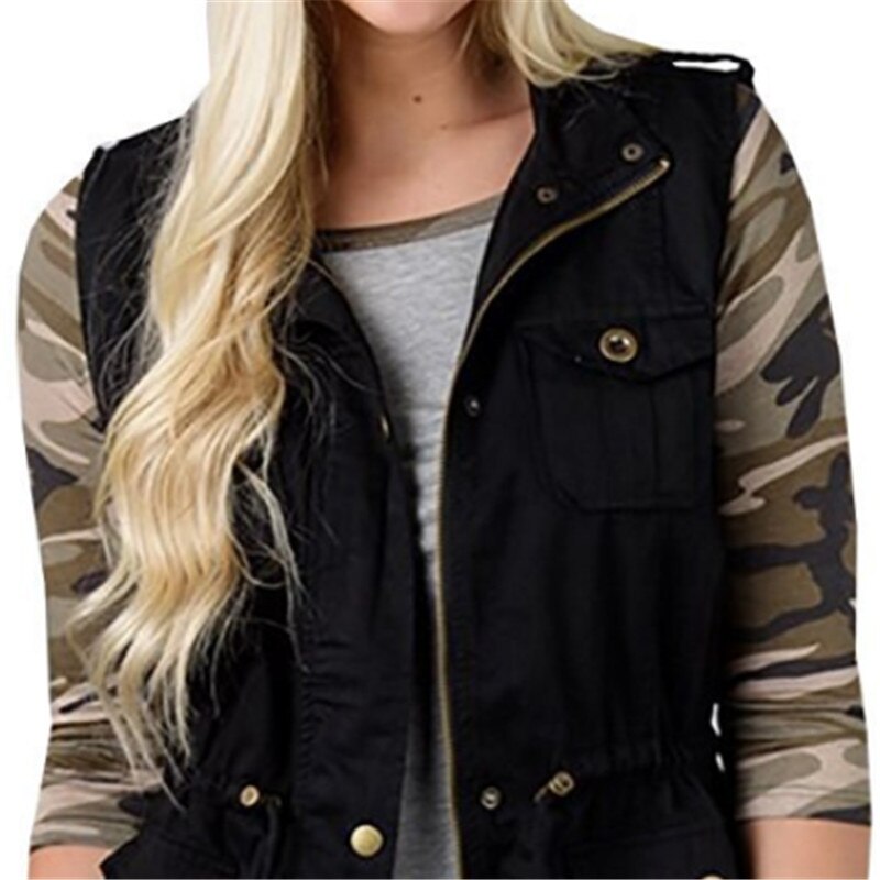 Womens Olive Cargo Utility Safari Vest with Pockets Drawstring Army Top Jacket Coat Autumn Clothes: Black / S