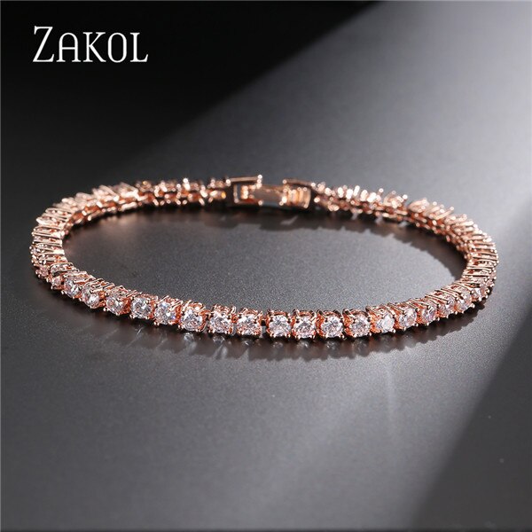 ZAKOL Hip Zirconia cúbica redonda cristal tenis pulsera y brazaletes para mujeres boda joyería Mujer FSBP171: Rose Gold 3mm