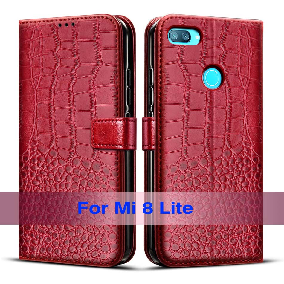 Para xiaomi mi 8 lite caso flip carteira de couro caso para xiaomi mi 8 lite mi8 lite capa de livro para xiaomi mi 8 lite telefone sacos de pele: Red