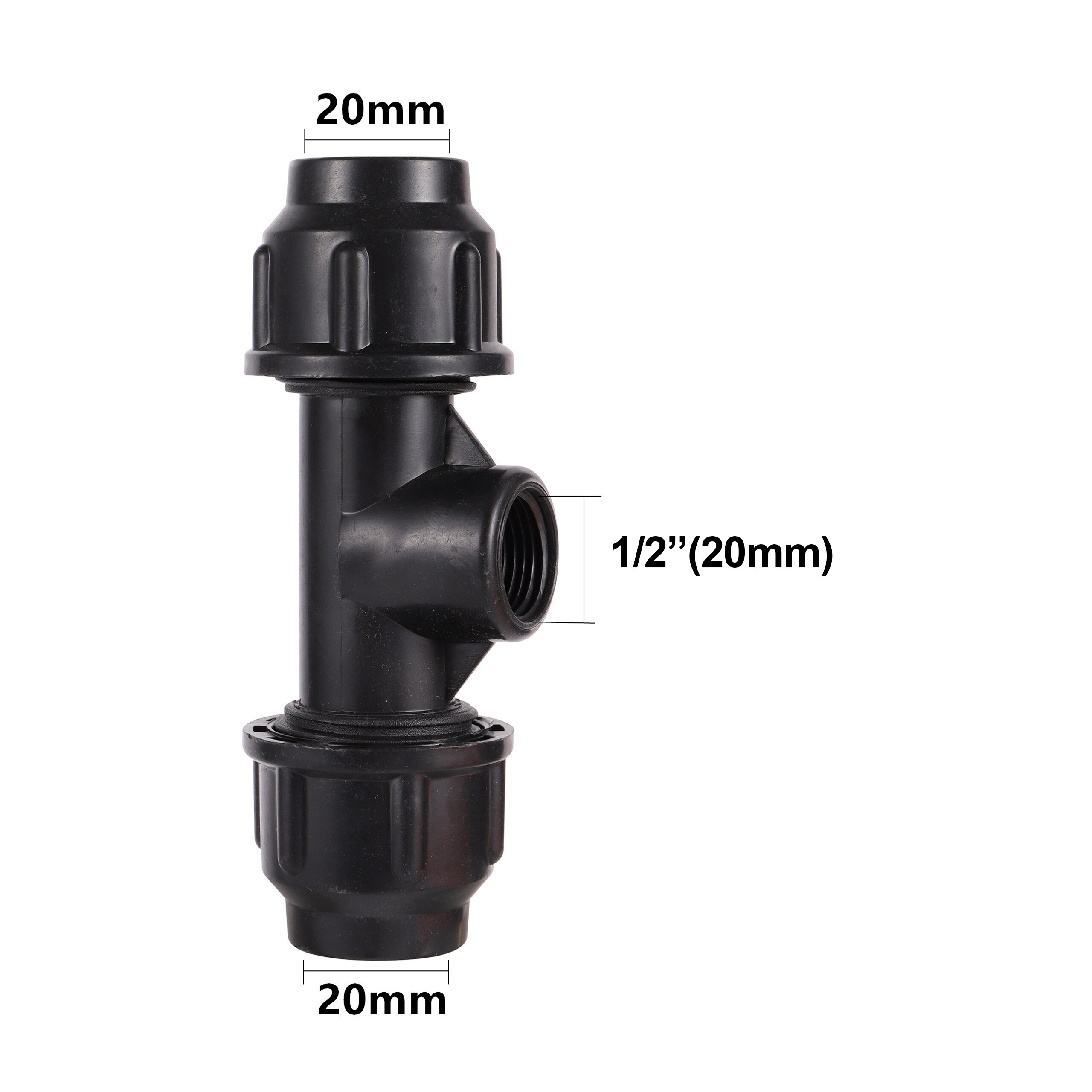 Conector de tubo de riego de PVC y PE, accesorio negro de rosca de 1/2 &quot;3/4&quot; 1 &quot;a 20/25/32mm, Junta bloqueada de conversión de 3 vías: 1I2 to 20mm