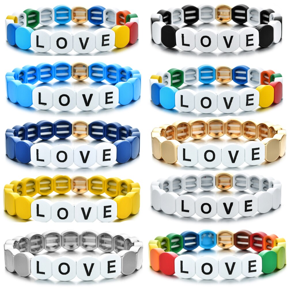 Mode Kleurrijke Regenboog Emaille Tegel Armband Vrouwen Meisjes Brief Liefde Armbanden Elasticiteit Manchet Bangles Partij Sieraden