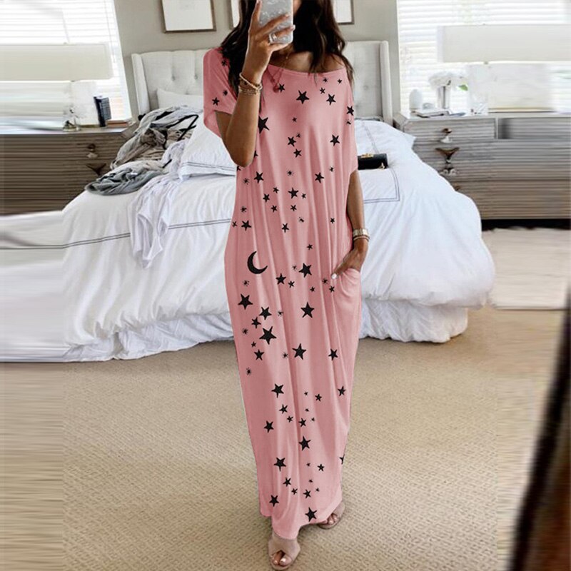 Hors épaule étoile imprimé femmes robe de nuit O cou manches courtes poche ample femme robes longues été dames Homewear: Rose / S
