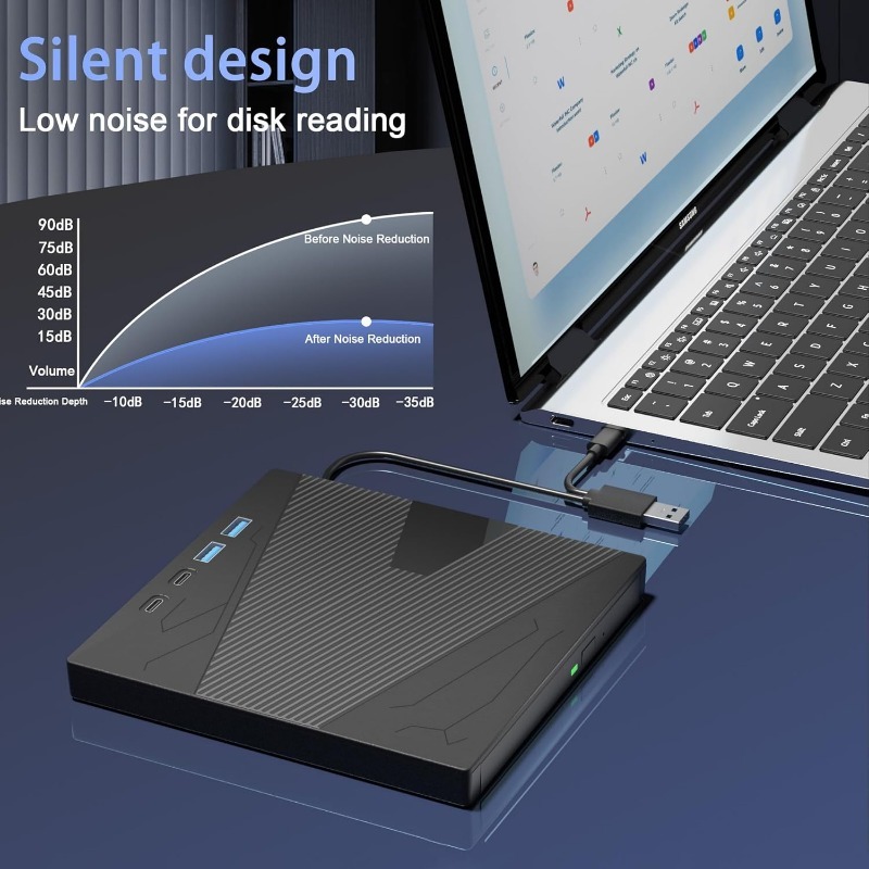 Externes USB3.0- und Typ-C-CD-DVD-Laufwerk mit 4 USB-Anschlüssen und TF/SD-Kartensteckplatz, CD/DVD-Brenner, Schreiber, Lesegerät, Player für Laptop, MacBook
