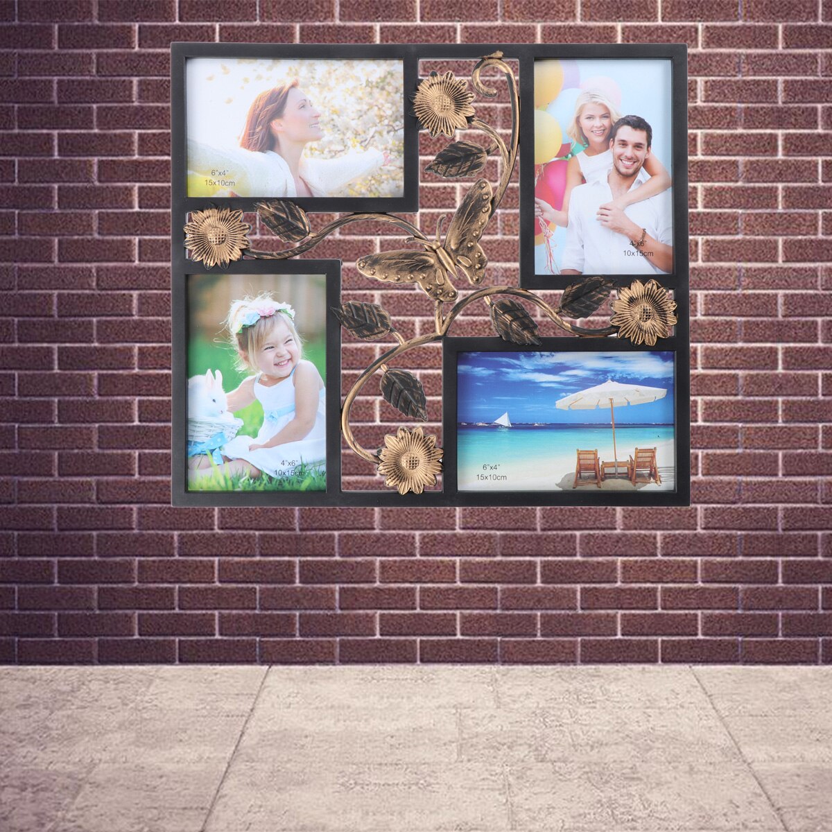 Marco decorativo con 4 orificios para colgar en la pared, foto para colgar en la pared, con flores y marco de fotos Vintage, color negro