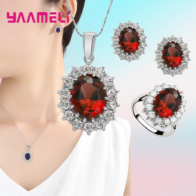 Conjuntos de joyas de plata de ley 100% auténtica para mujer, joyería de compromiso de boda, clásico de flores ovaladas, cristal de circonita cúbica brillante 925: Negro