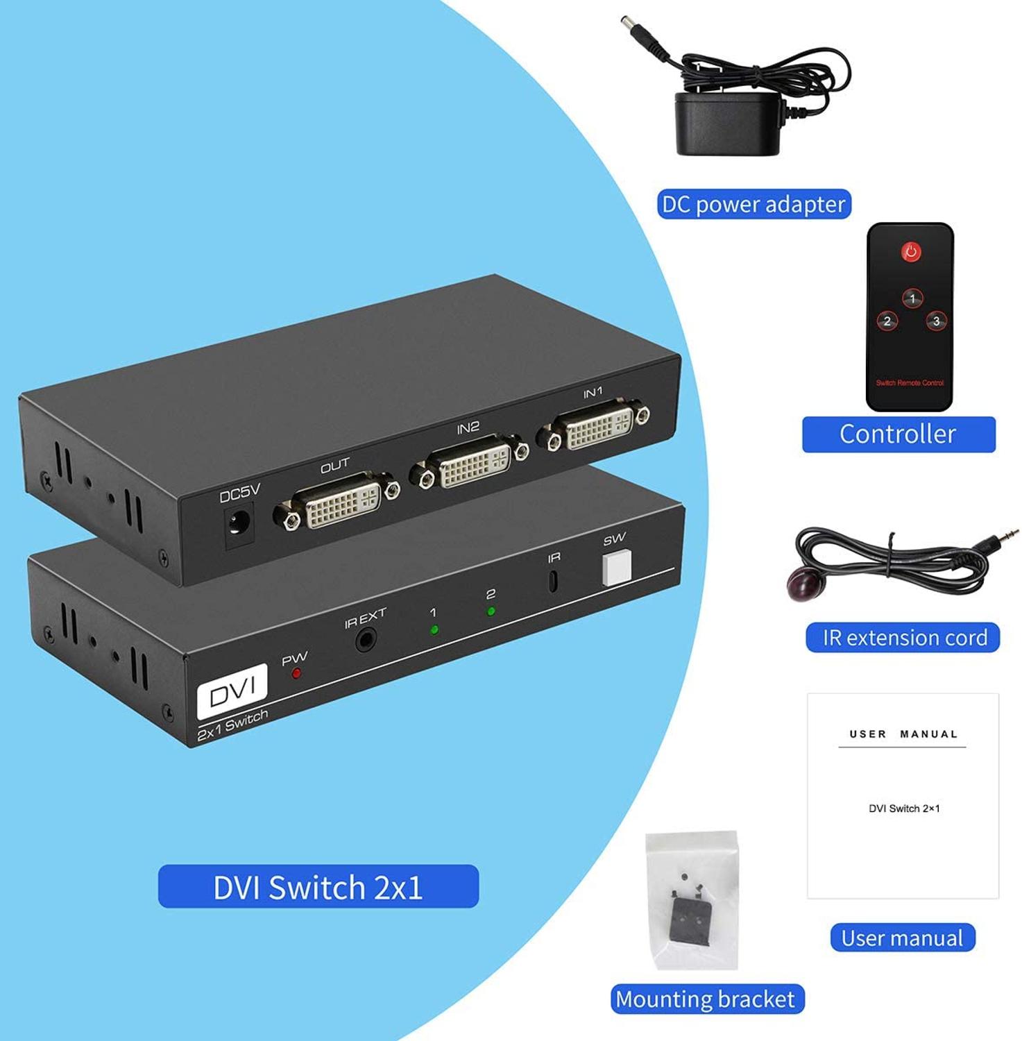 DVI Switch 2 in 1 Out 4K DVI 2 Port Switcher with IR Remote Control DVI 2x1 Support 4096x2160@30Hz DVI Selector for PC Laptop