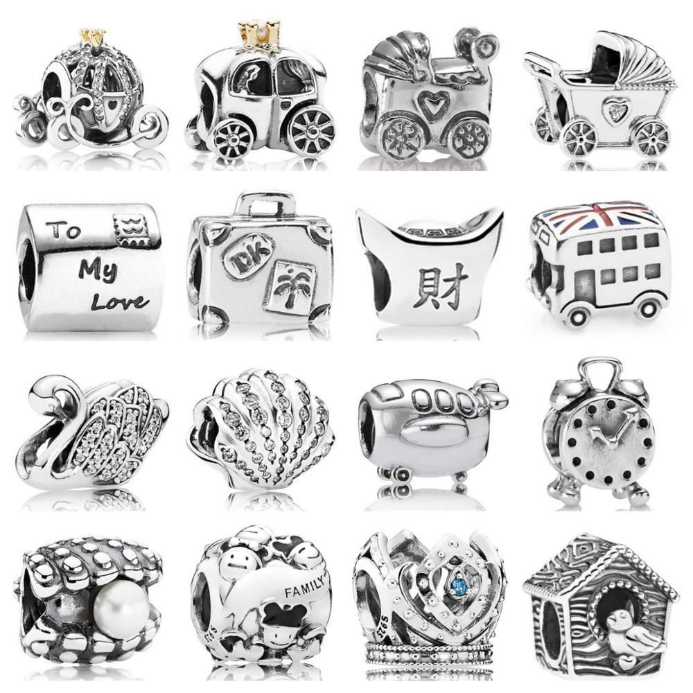 PDB ZZ 32 Fine Jewelry Charm Beads Carriage Alarm Clock Aircraft Union Jack Bus Seashell Majestic Swan 925s Charm Beads