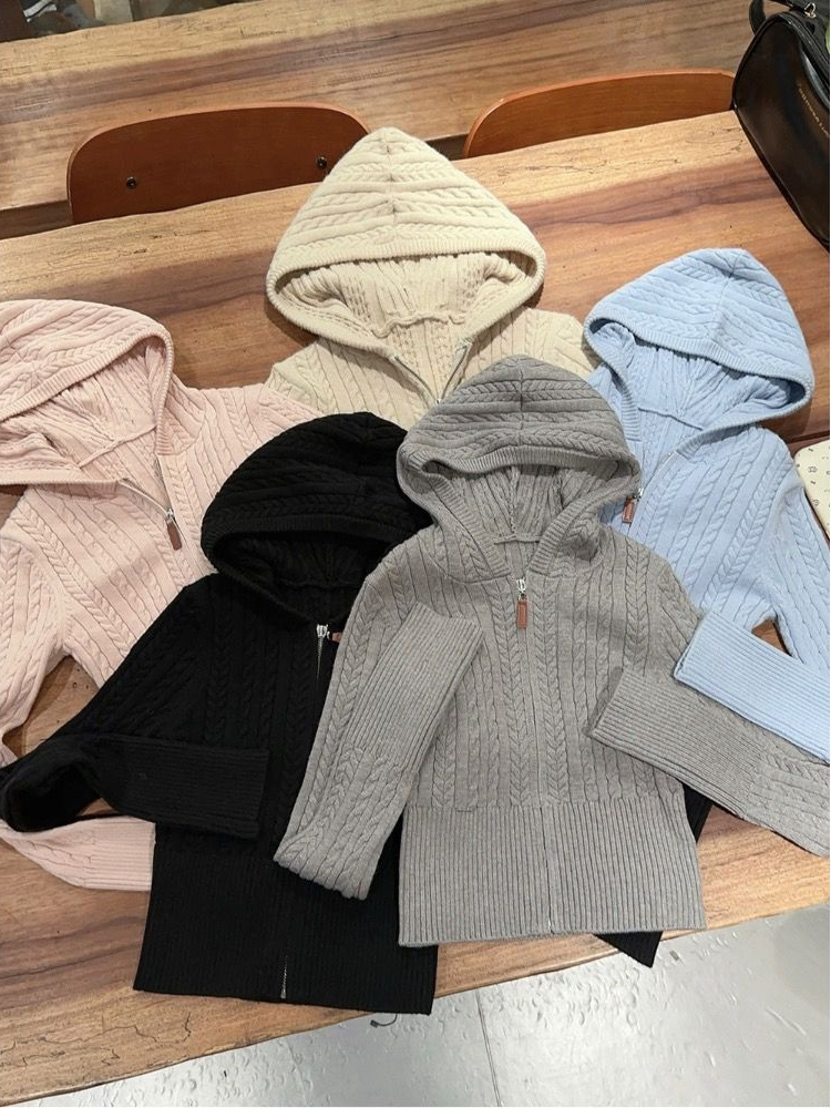 Preppy Style Twist Cardigan Women Autumn Clothing Hooded Sueter Mujer Casual All Match Knitted Solid Sweater Tops Pull Femme