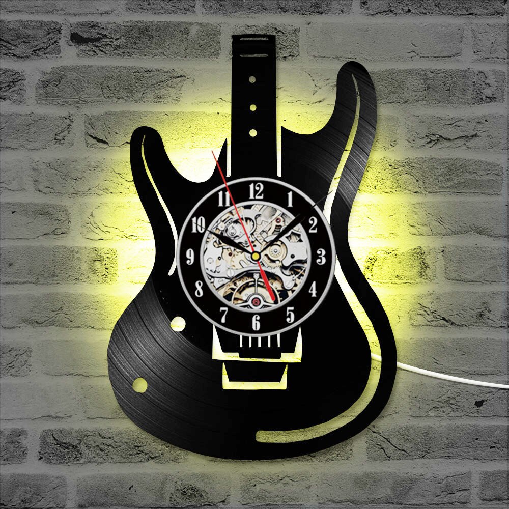 Płyta winylowa zegar ścienny gitara CD doprowadziło zegary antyczny instrument muzyczny Dom dekoracje kreatywny cichy wiszący zegarek dla miłośników muzyki