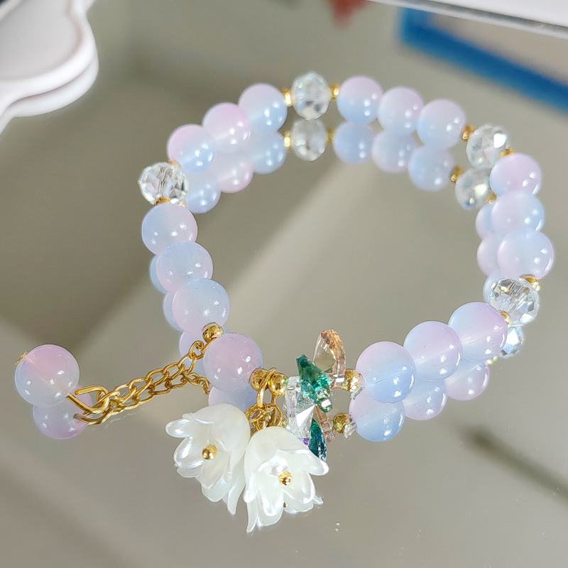 Bonita pulsera de cuentas de cristal verde para mujer, pulsera elástica ajustable con dije de flor de Lily Valley, joyería de cumpleaños y boda: Estampado en caliente