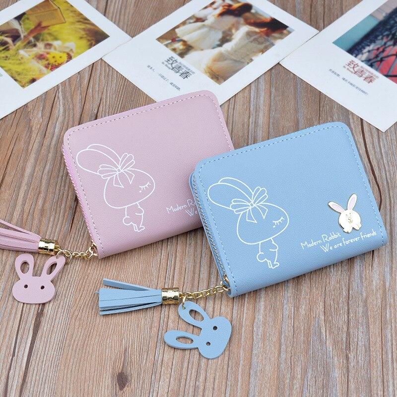 Tegnebog kvinders korte lynlås tegnebog studerende koreansk stil sød kanin mini nøglepung kvinder afslappet kvast små tegnebøger