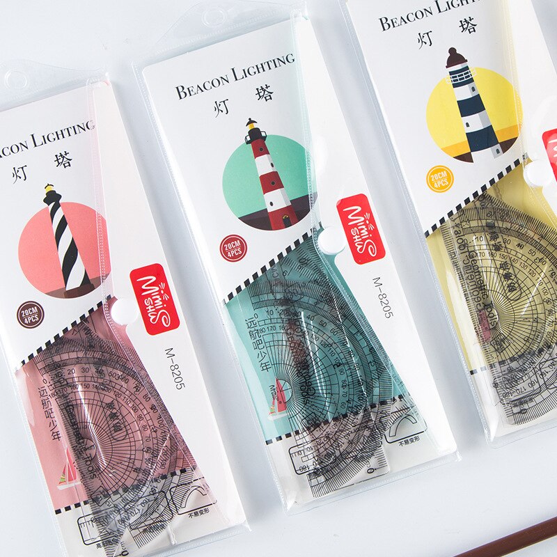 4 pcs/set Cute Straight Ruler Protractor Students Plastic Triangle Ruler Set Kids Office School Supplies
