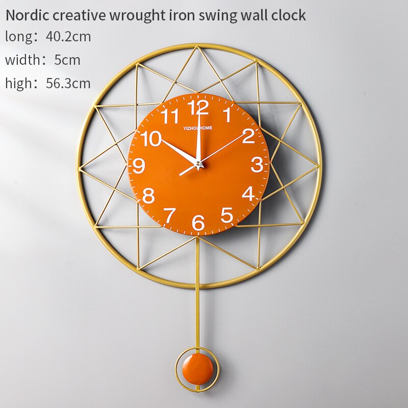 Modern Metal Iron Wall Hanging Clock Living Room Corridor Hotel Home Decoration Crafts WALL CLOCK: orange