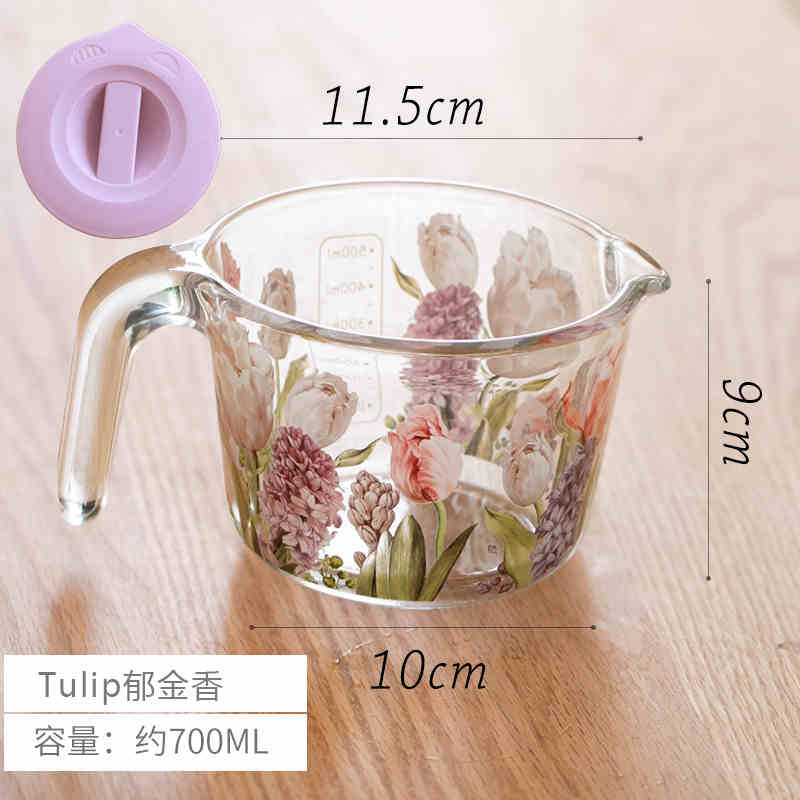 Taza medidora de vidrio con tapa, taza de jugo de leche de 500ml con tarros medidores de escala, utensilios de cocina para el hogar, herramienta de cocina para hornear Floral: Beige