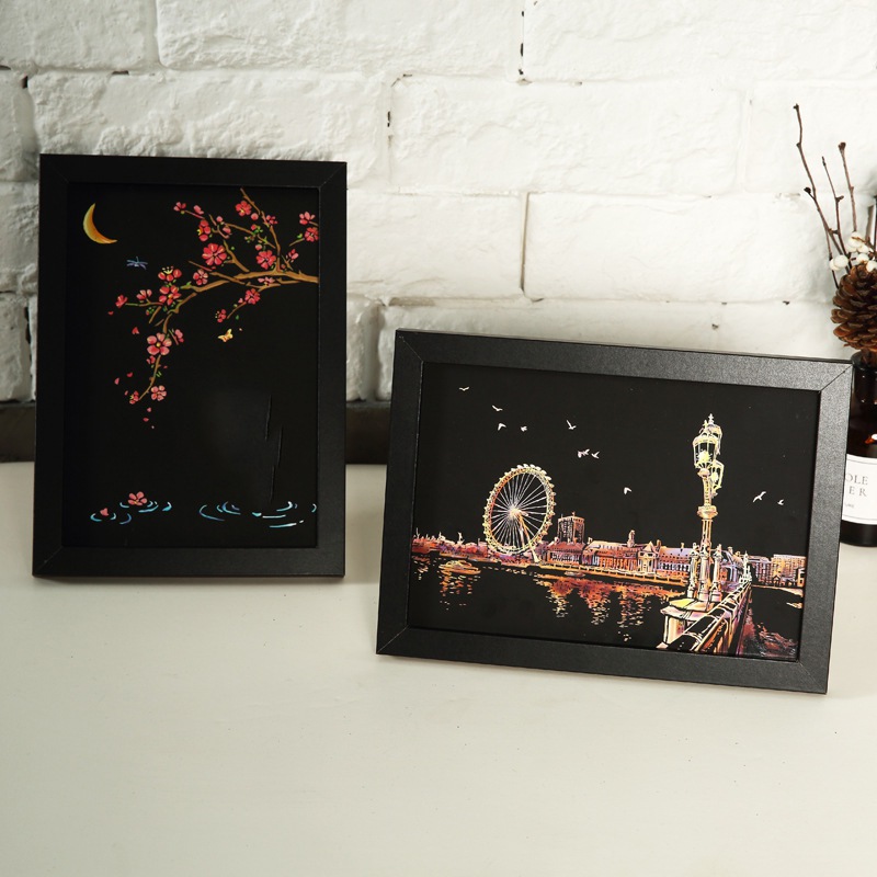 Postkaart Stad Nacht Scène Schrapen Schilderij Kleine Kleurrijke Kras Schilderen Set kinderen