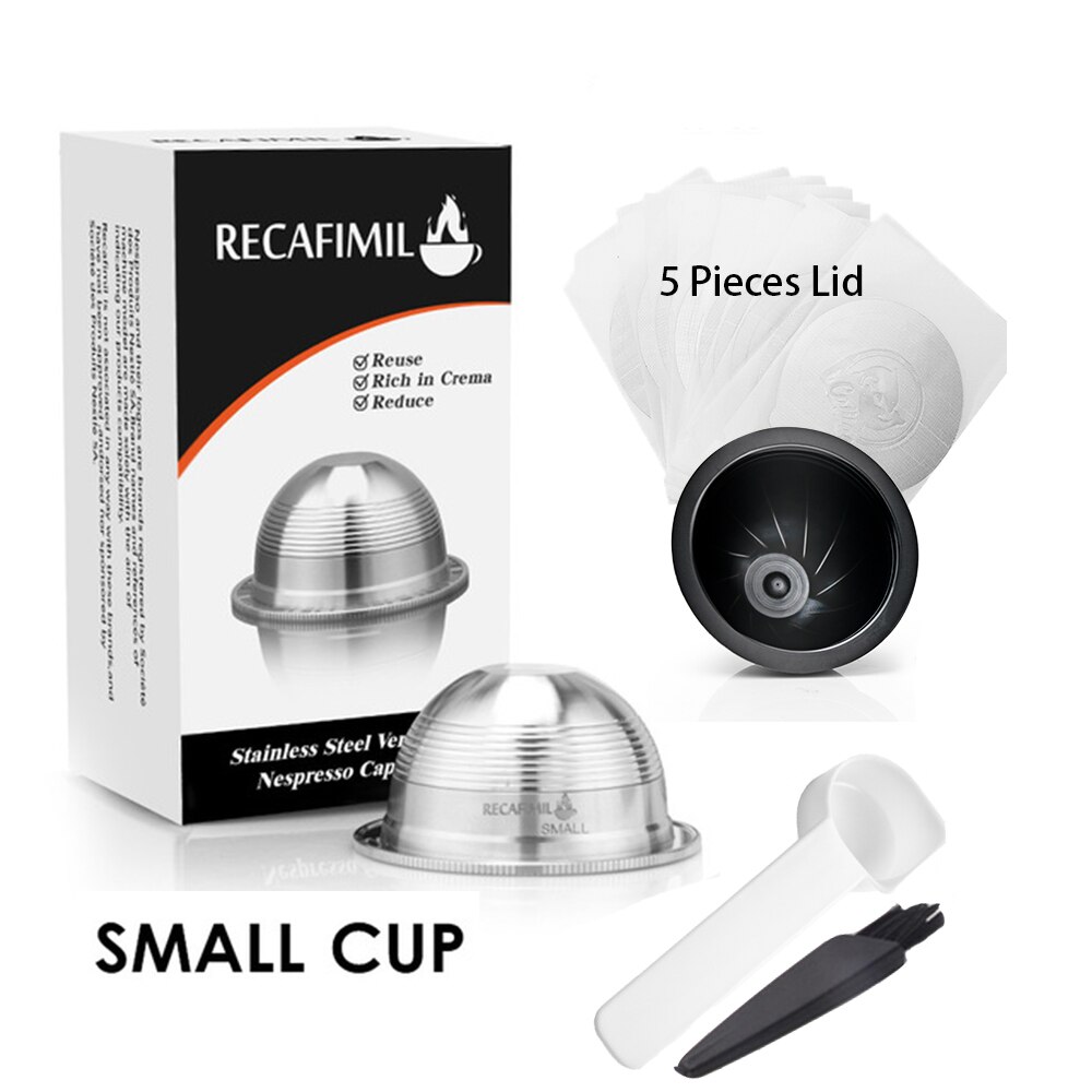 Stainless Steel Refillable Reusable Coffee Pod Set for Espresso Compatible for Nespresso Vertuo Capsule Pod Vertuoline GCA1 70ml: 1Cup 1PP 5Lid