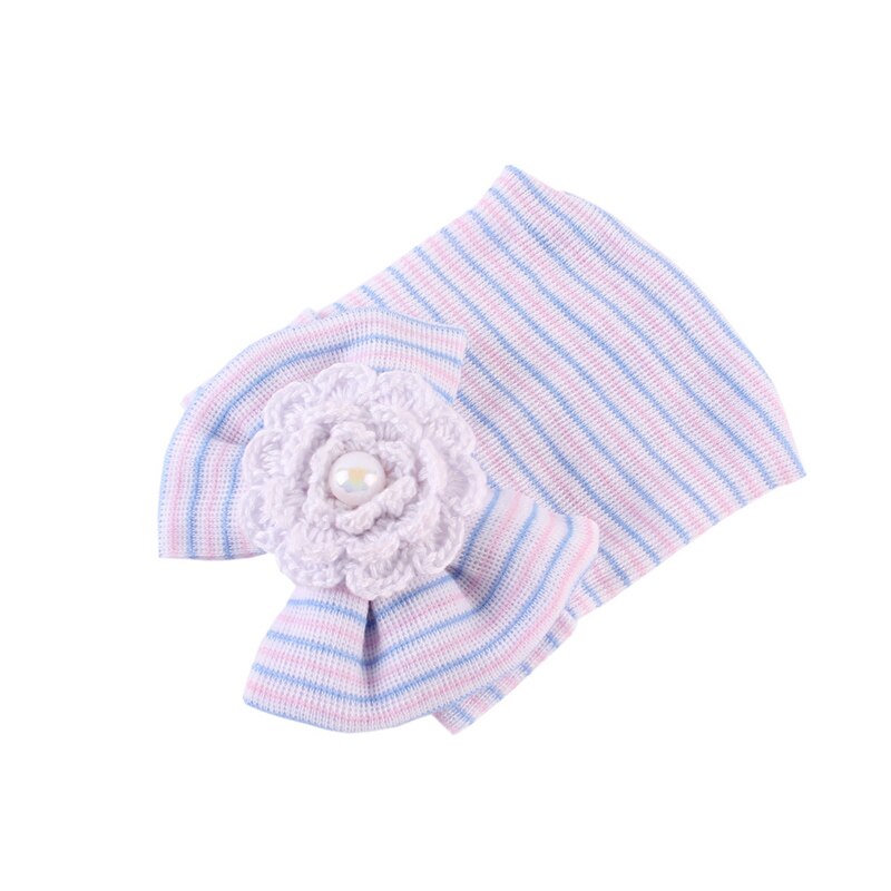 100% Cotton Newborn Soft Hat Bonnet With Big Bowknot Bebe Boy Girl Autumn Winter Knitted Cap Hospital Hat Flower Bow Striped: Pink and blue stripe