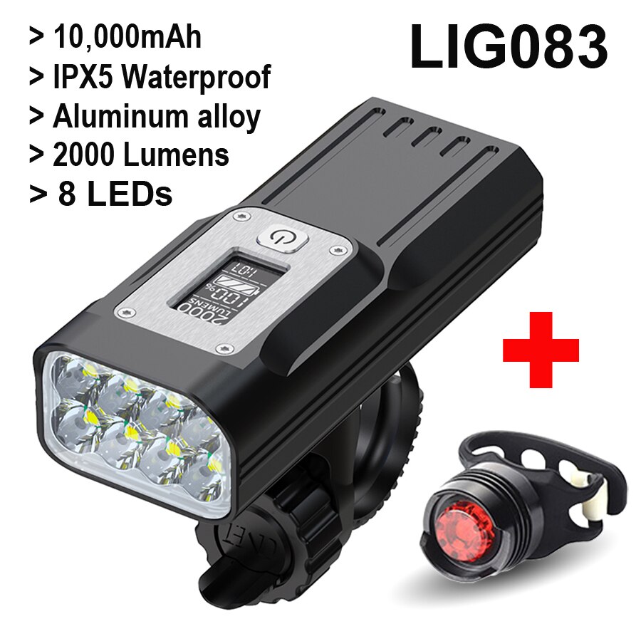 NEWBOLER 8 LEDs Pantalla de potencia de luz de bicicleta 2000 Lumen 10000mA Luces de bicicleta MTB Faros de ciclismo como accesorios de bicicleta de banco de energía: LIG083 Rear Light