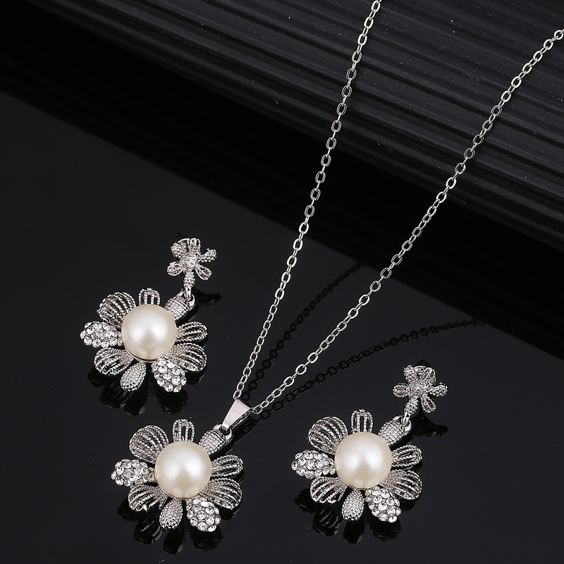 Hesiod-Conjunto de collar y pendientes de perlas de imitación de copo de nieve blanco, collar de cristal austriaco, conjuntos de joyería para mujer: F1133