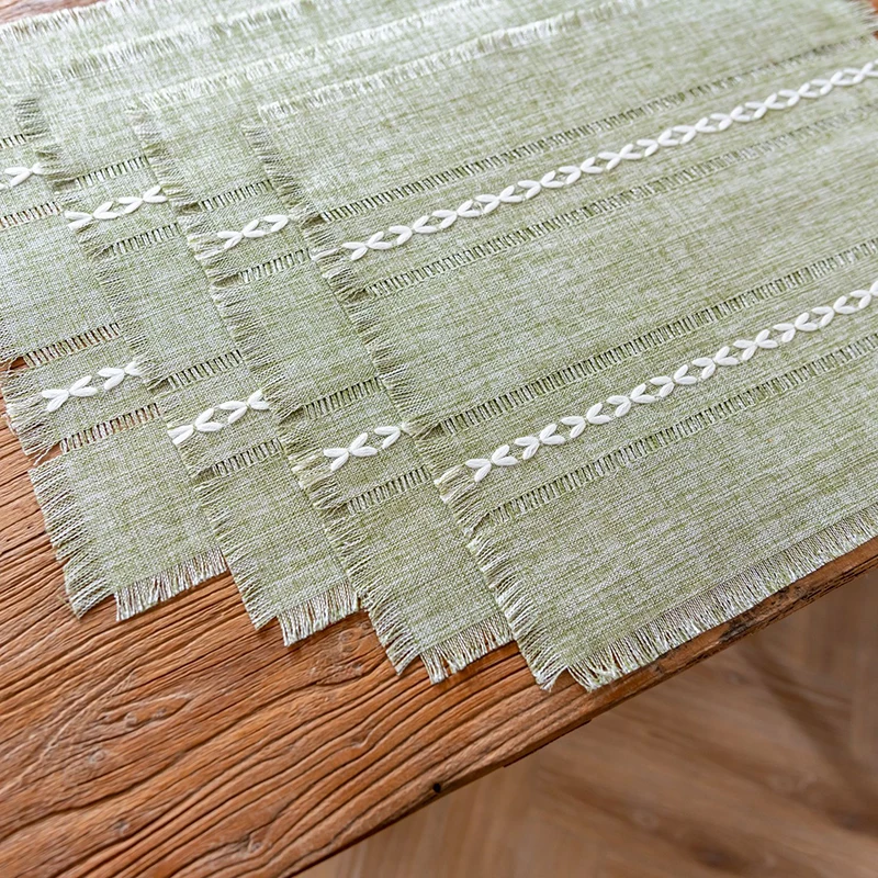 Mantel Individual a rayas de granja bohemia, color verde claro, 33x45cm, tapete de mesa rústico con borlas para decoración de cena de cocina, de boda y cumpleaños