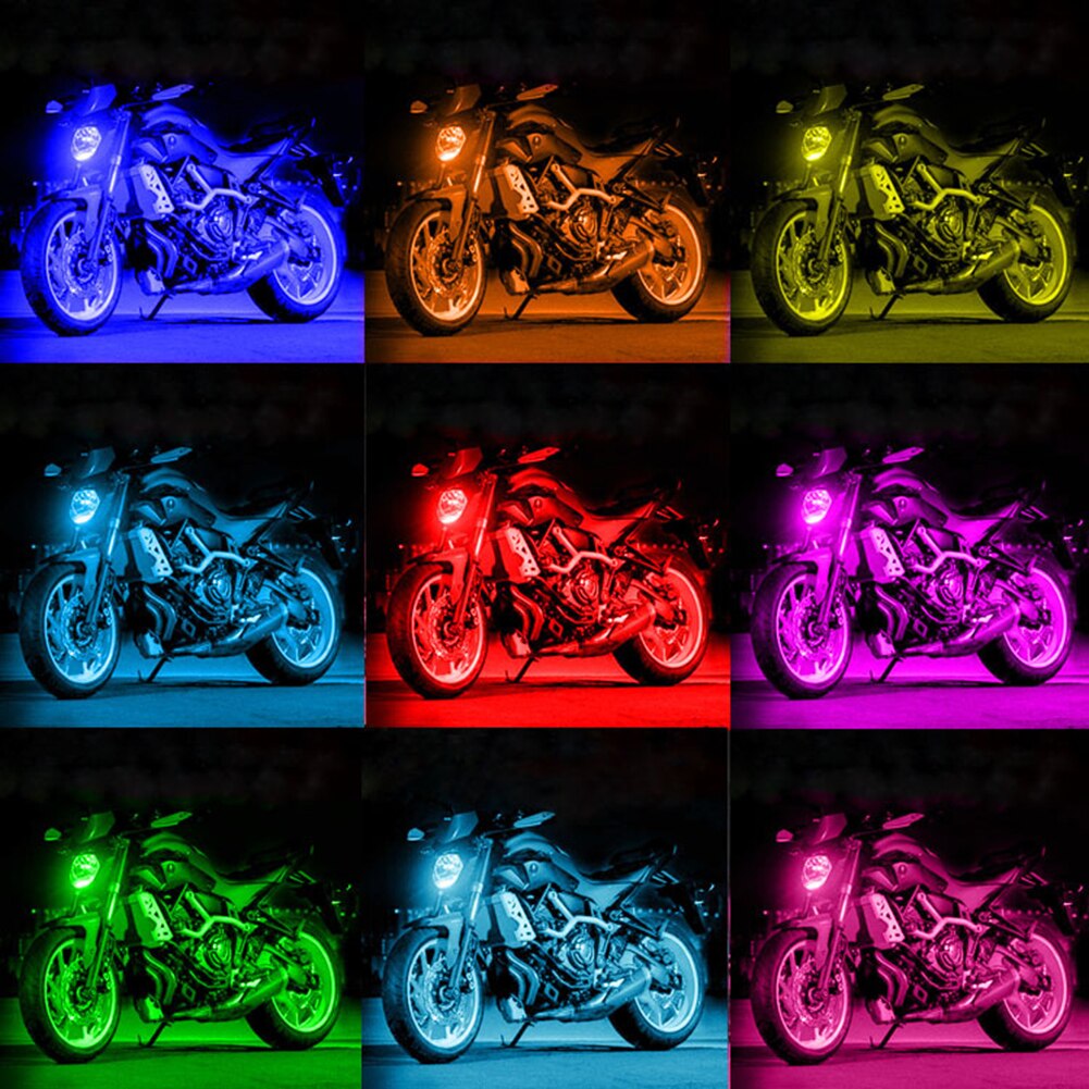 12 stk / sæt motorcykel rgb led strip kit vandtæt rf fjernbetjening + stemmestyring 5050 smd glød underglød jordeffekt atmosfære lys