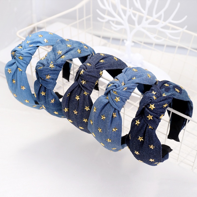 Vintage Sterren Jewel Rhinestone Denim Haarband Voor Vrouwen Knot Tulband Hoofdband Meisjes Haar Accessoires Bandeau Cheveux Opaska Doen