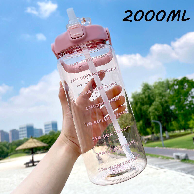 2L Grote Capaciteit Waterfles Met Tijd Marker Portable Bpa Gratis Stro Cup Lekvrij Drinken Fles Outdoor Sport Fitness Jug