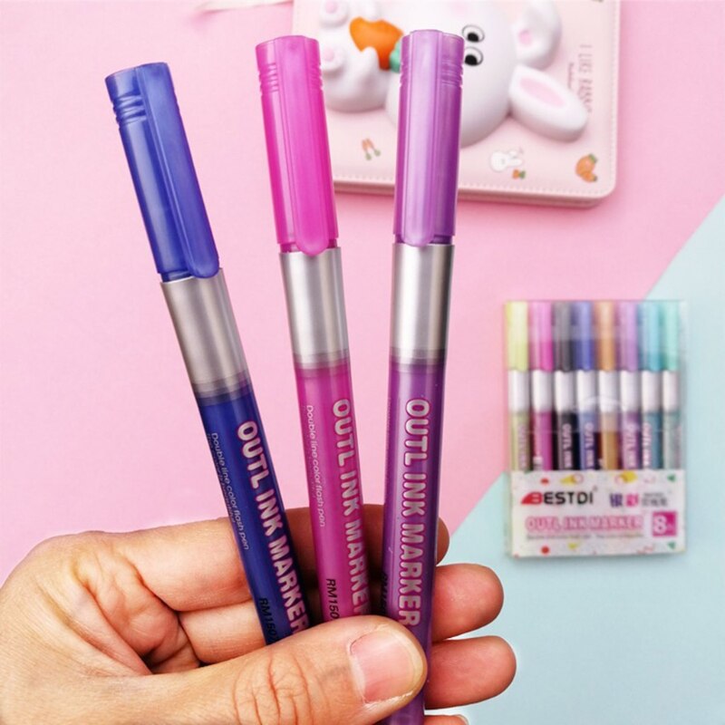 Marqueurs artistiques fluorescents à Double ligne, 8 couleurs, stylos de dessin, pour la calligraphie et le lettrage