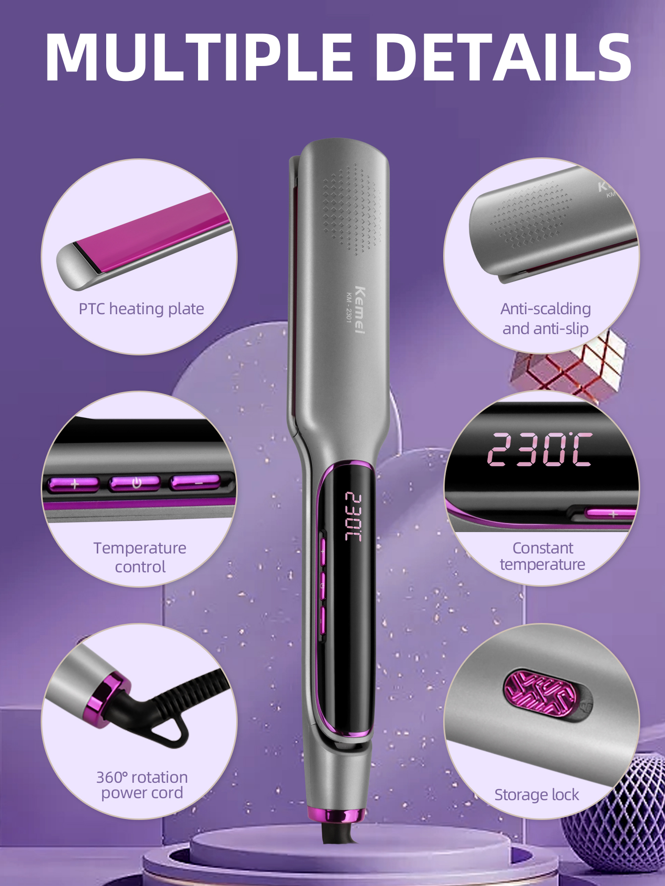 Plancha de pelo KEMEI con pantalla LCD, plancha plana de iones negativos, plancha alisadora de cabello infrarroja, cuidado del cabello para mujer