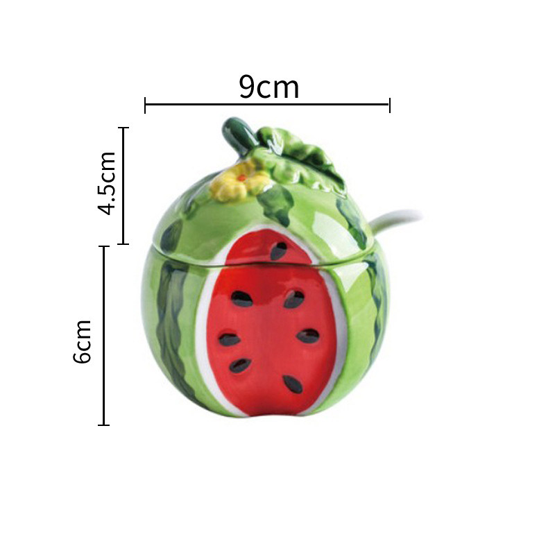 Botella creativa de cerámica para condimentos, recipiente de almacenamiento con forma de melón y fruta, suministros de Decoración de cocina, Bol de azúcar con tapa y cuchara: 8