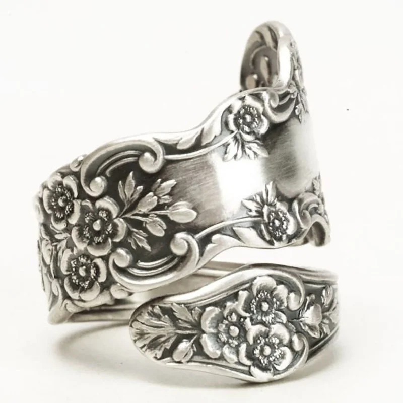 Intage-anillos de flores rosas grabados a mano para mujer, anillo de cuchara de Color plateado, de aniversario, joyería para de compromiso