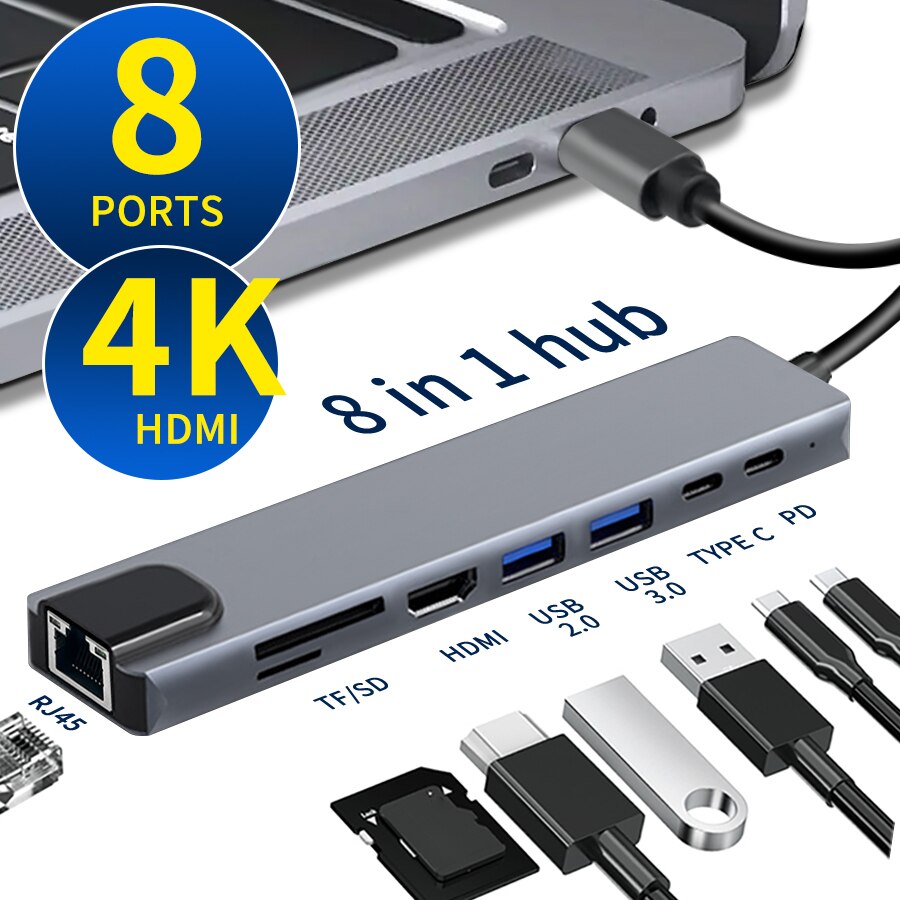 USB C Hub 8 in 1 Type C 3.1 naar 4K HDMI-adapter met RJ45 SD/TF-kaartlezer PD snel opladen voor MacBook Notebook Laptop Computer: Default Title